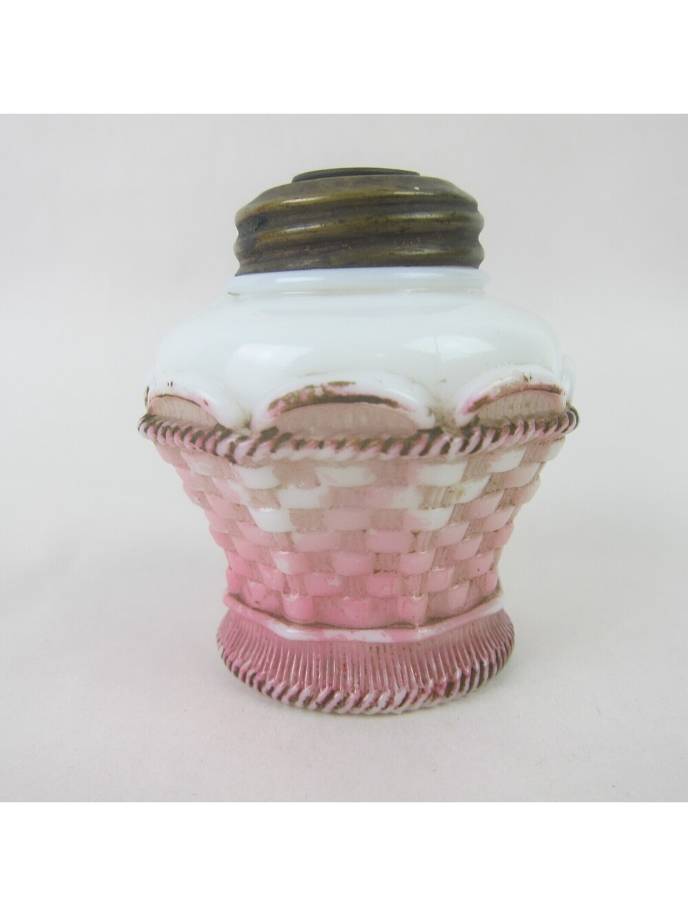 Antique Miniature Oil Lamp Base Pink & White Milk Glass Basket Weave 3" Tall